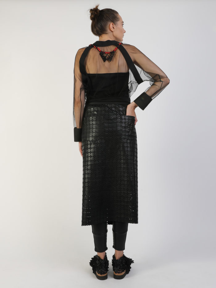 Embroidered Faux Leather Overleap Skirt