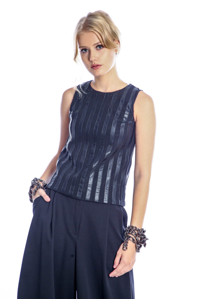 Tulle Top with Faux Leather Applications