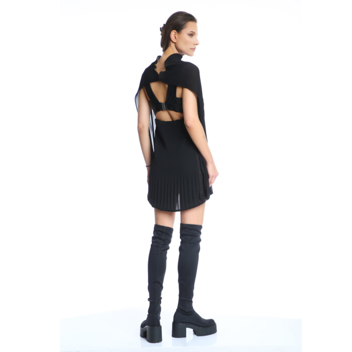 Mini Pleats Black Dress & Leather Bustiere Top