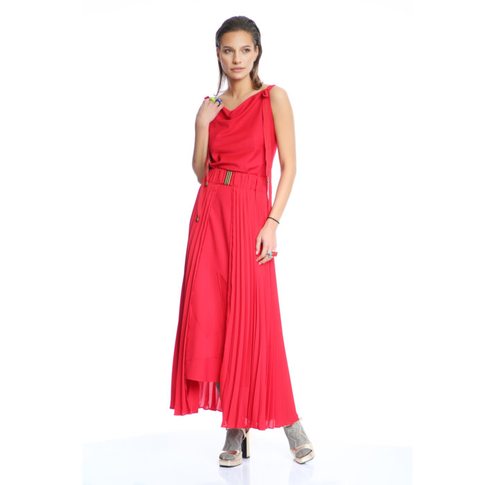 Red Pleated Panels Skirt