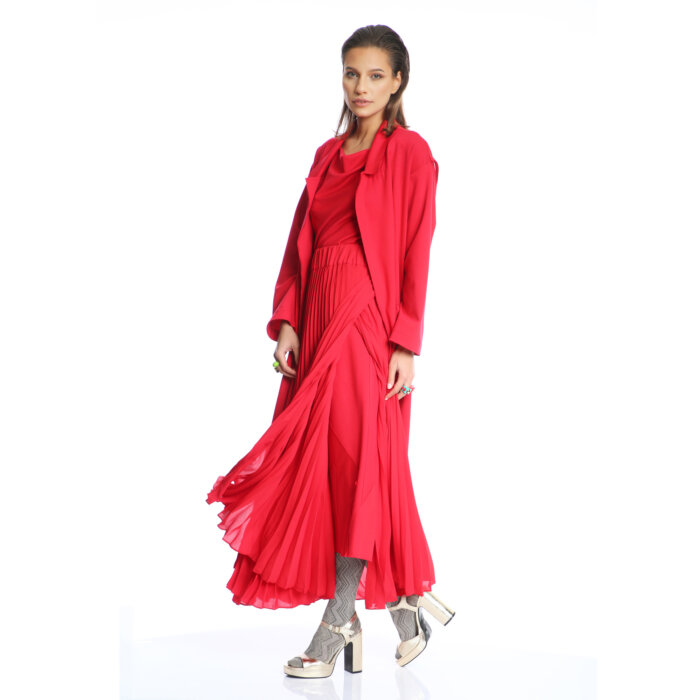 Red Pleated Panels Skirt