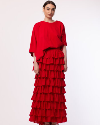 Red Veil Skirt with Laser Cut Ruffles & Adjustable Length