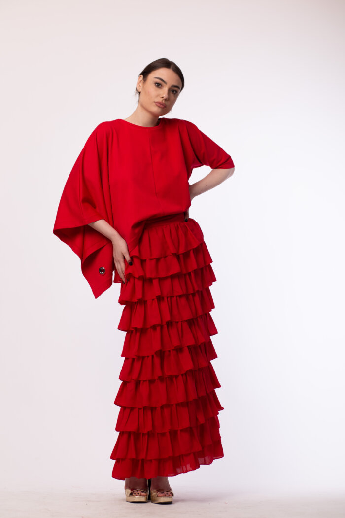 Red Veil Skirt with Laser Cut Ruffles & Adjustable Length