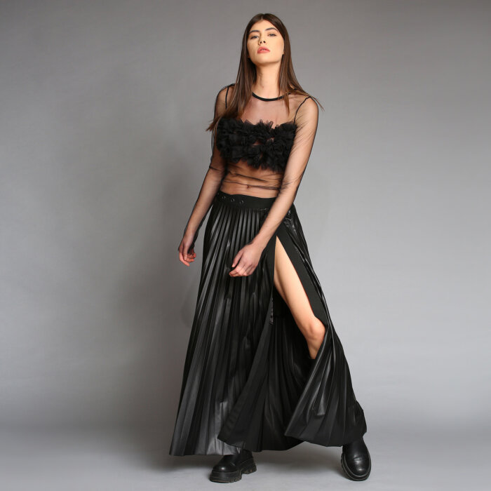 Pleated Leather Skirt With Eyelets